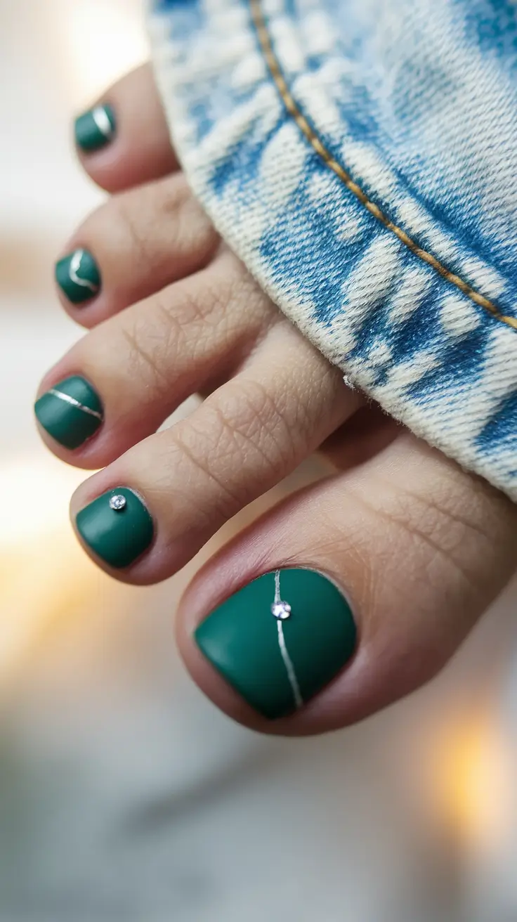 Cute Toe Nail Designs to Try Summer 2025 - Matte Green with Silver Detailing