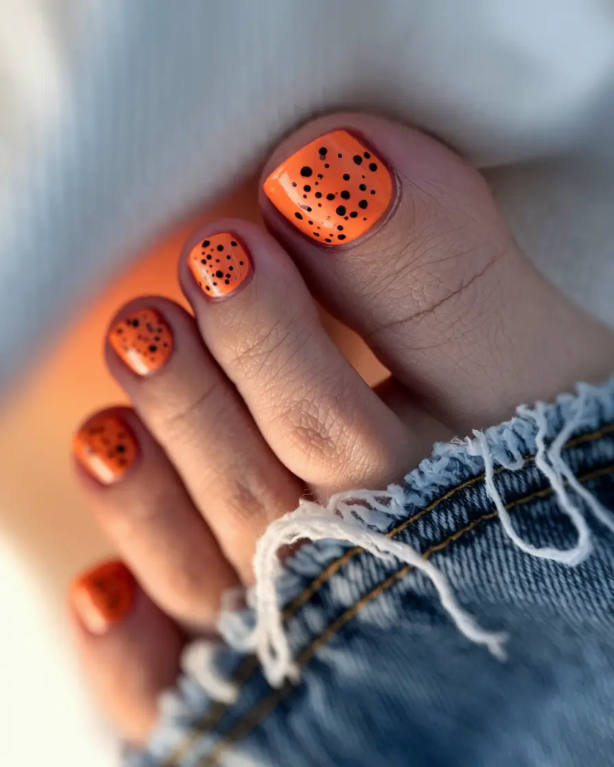 Cute Toe Nail Designs to Try Summer 2025 - Tangerine Pop with Black Dots