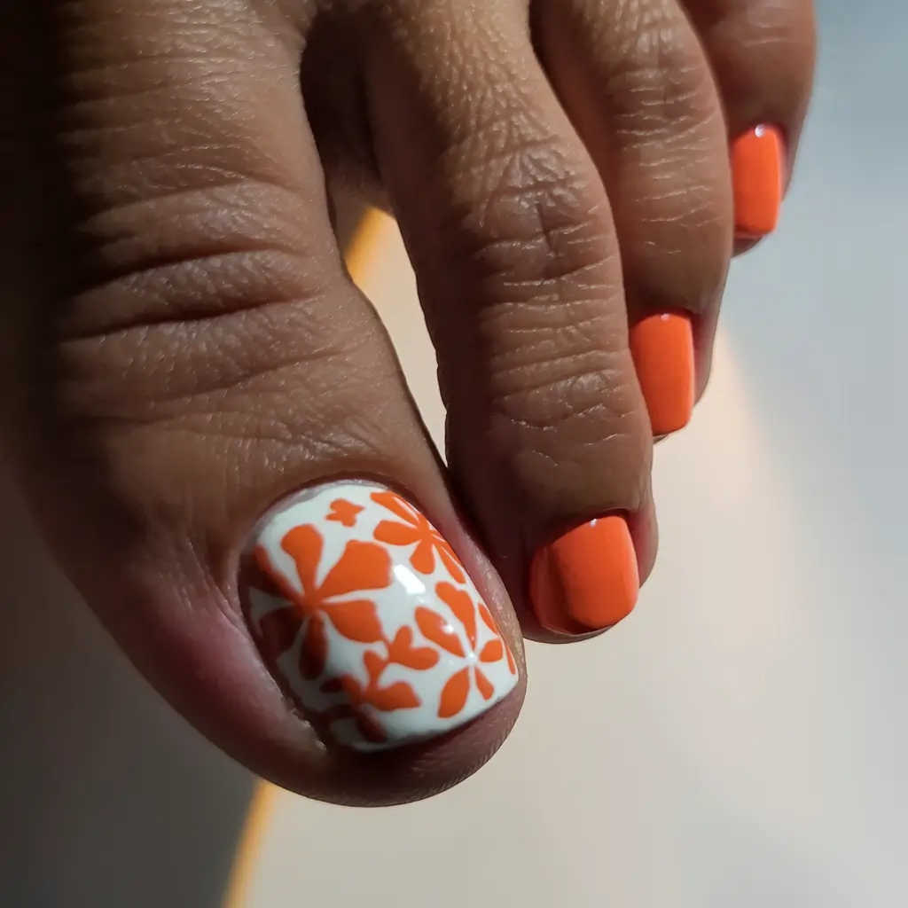 Cute Toe Nail Designs to Try Summer 2025 - Orange Floral Pop