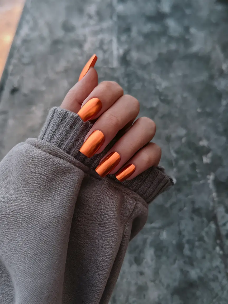 Cutest Summer Nails for 2025 Molten Orange Mirror Shine