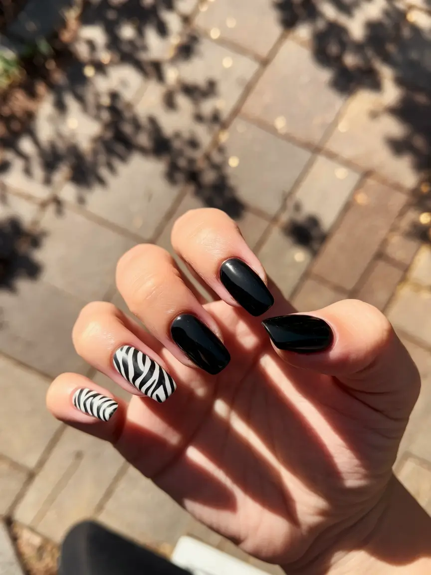 Cutest Summer Nails for 2025 Glossy Black with Zebra Print Accents