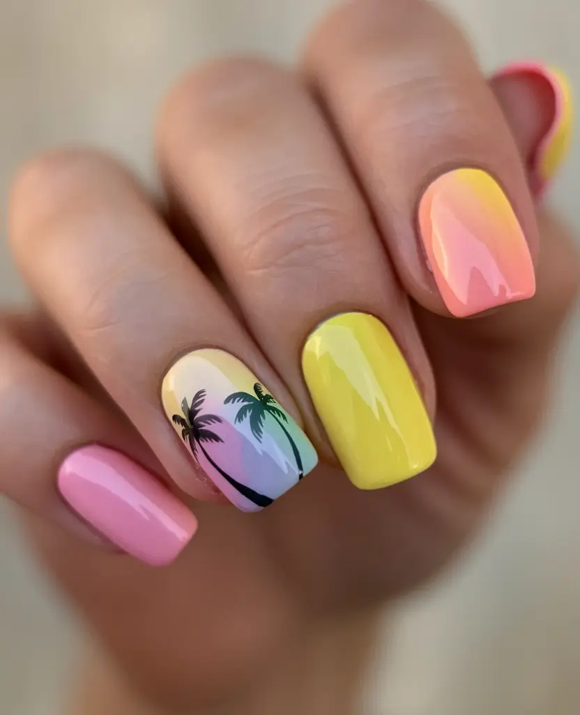 Cutest Summer Nails for 2025 Tropical Ombre with Palm Detail