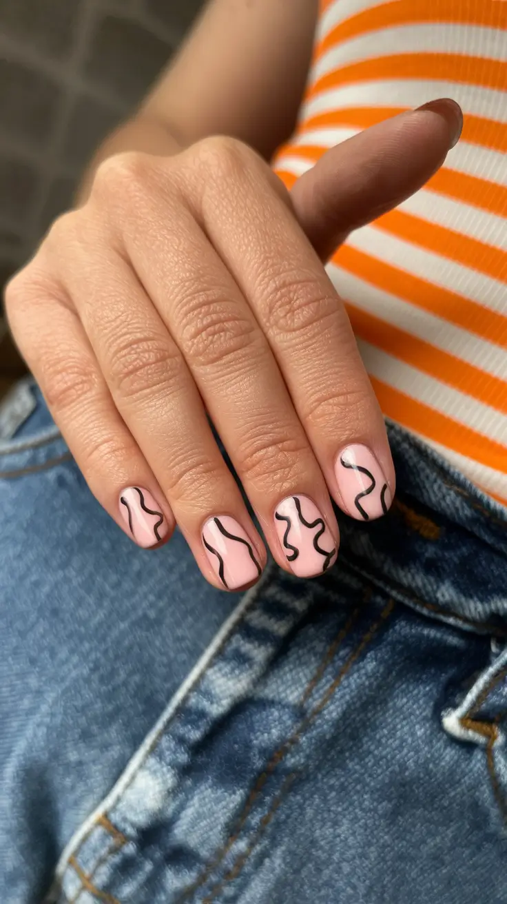 Cutest Summer Nails for 2025 Pink and Black Abstract Wavy Lines