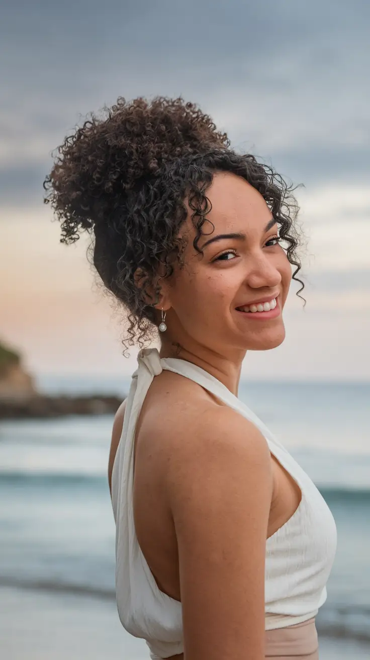 easy summer hairstyles for curly hair+Romantic Beach Puff for Curly Hair