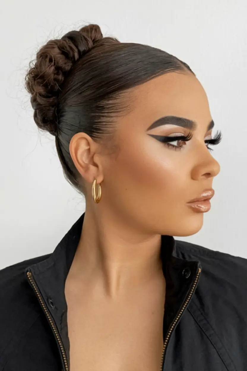 easy summer hairstyles Slicked Braided Bun with Gloss Finish