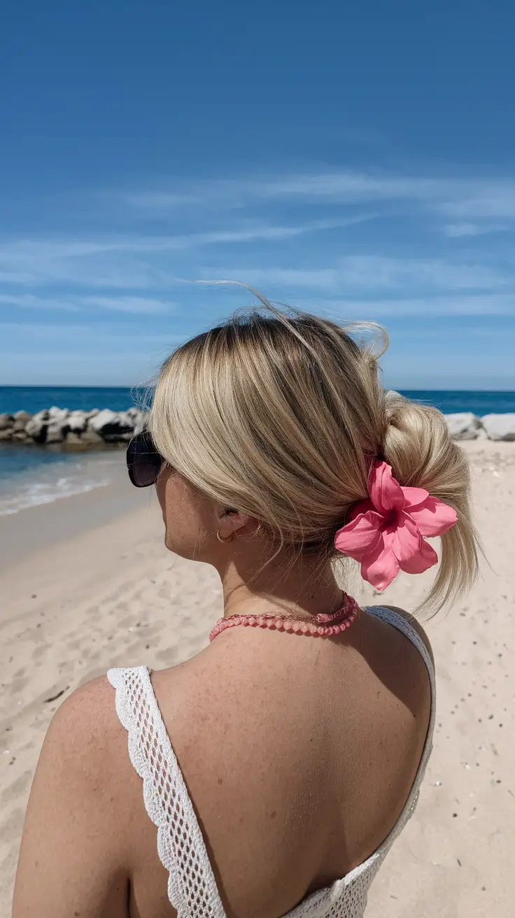 easy summer hairstyles Beach Bun with Floral Clip