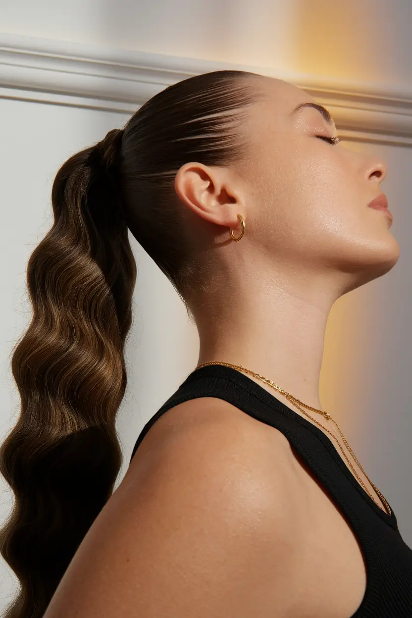 Effortless Looks Vacation Hairstyles for Summer 2025 Sculpted Wave Ponytail with Glossy Finish