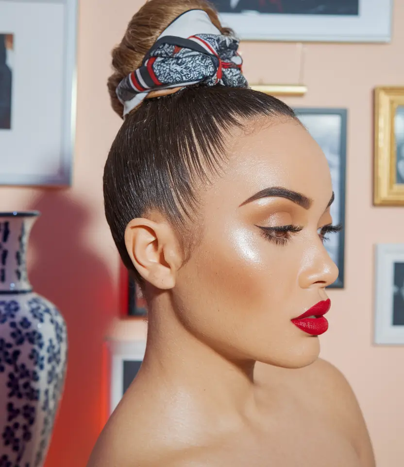 Effortless Looks Vacation Hairstyles for Summer 2025 High Bun Wrapped with Scarf Drama