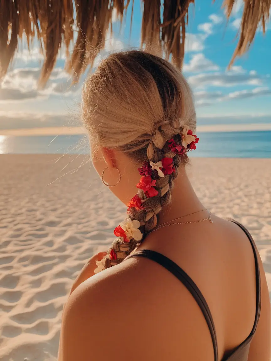 Effortless Looks Vacation Hairstyles for Summer 2025 Beachy Braid with Flower Accessories