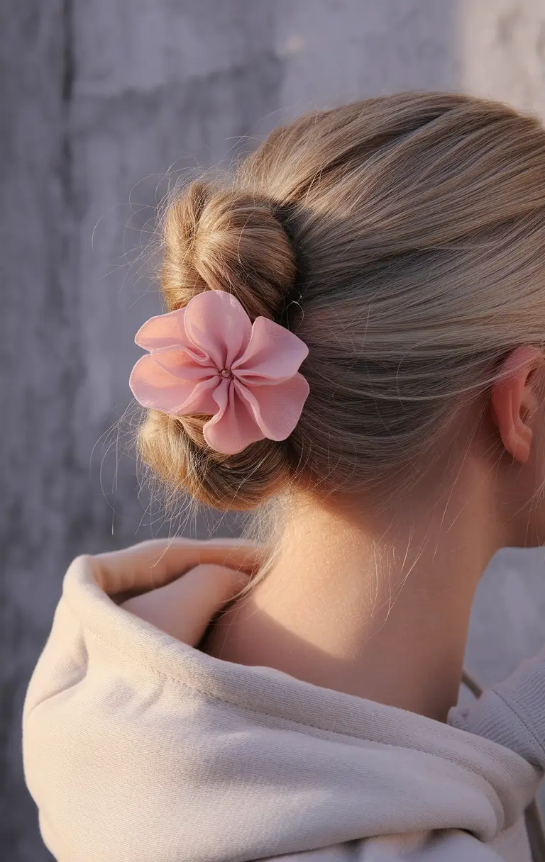 Effortless Looks Vacation Hairstyles for Summer 2025 Twisted Chignon with a Soft Bloom