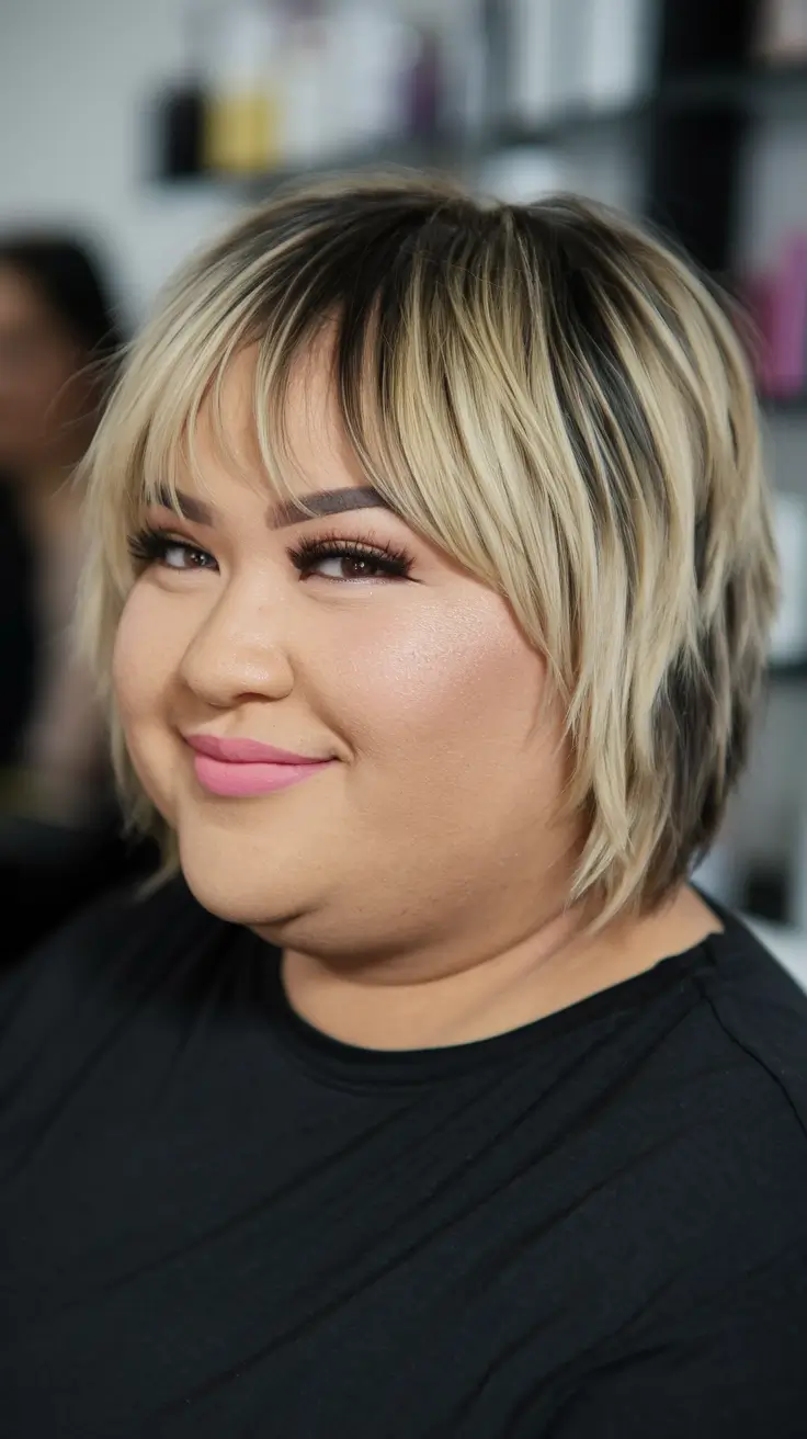 summer haircuts for chubby faces Feathery Shag with Blonde Highlights