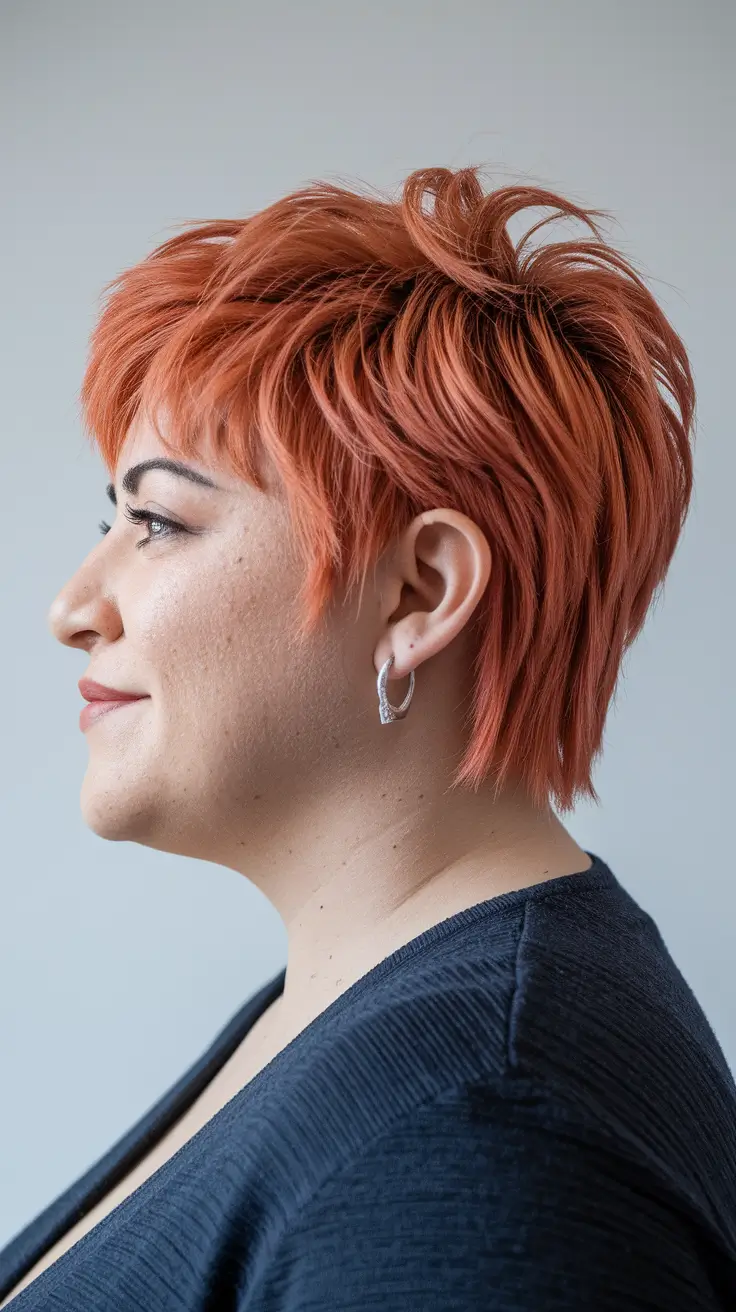summer haircuts for chubby faces Layered Copper Pixie with Tousled Volume