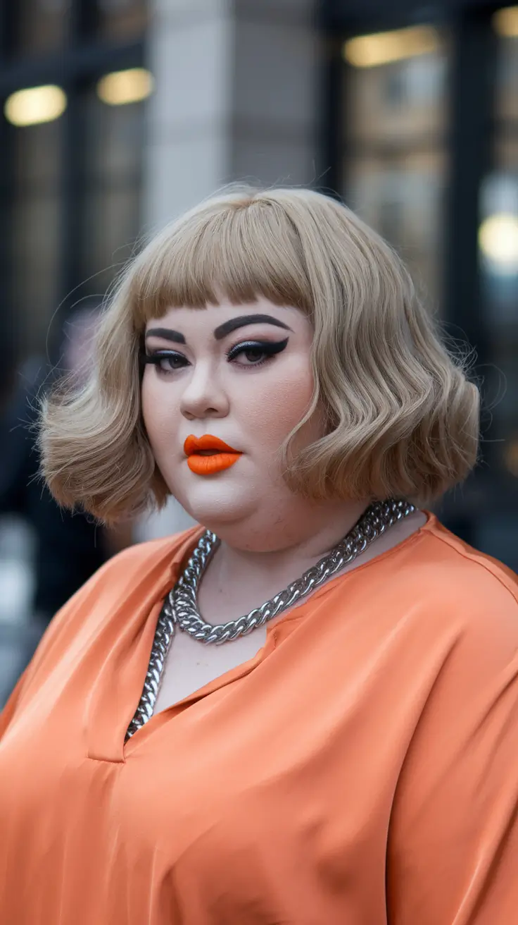 summer haircuts for chubby faces Retro Blonde Bob with Baby Bangs
