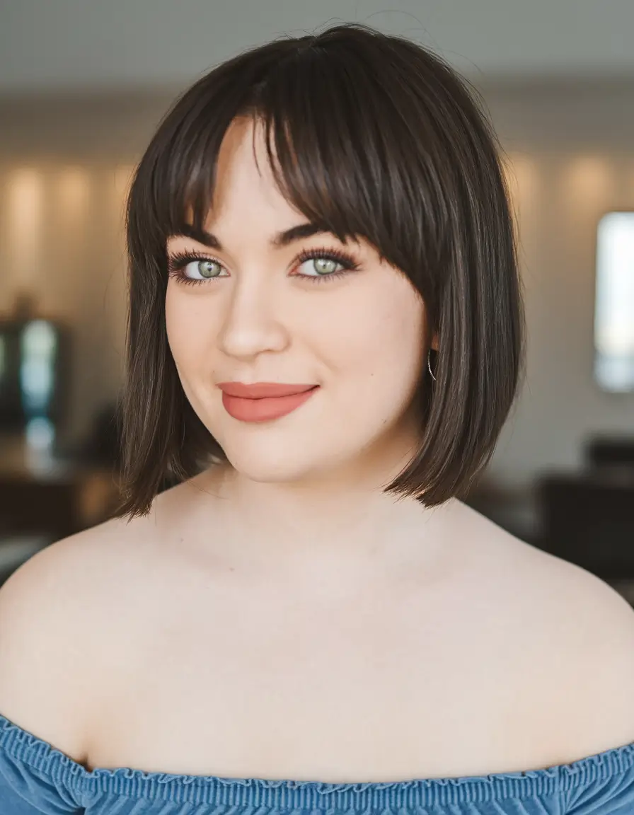 short haircuts for chubby faces Classic Chin-Length Bob with Bangs