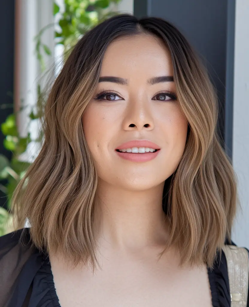 summer haircuts for chubby faces Soft Face-Framing Waves with Rooted Balayage