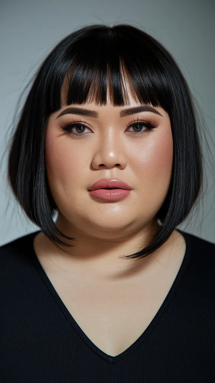 summer haircuts for chubby faces Glossy Blunt Bob with Micro Bangs