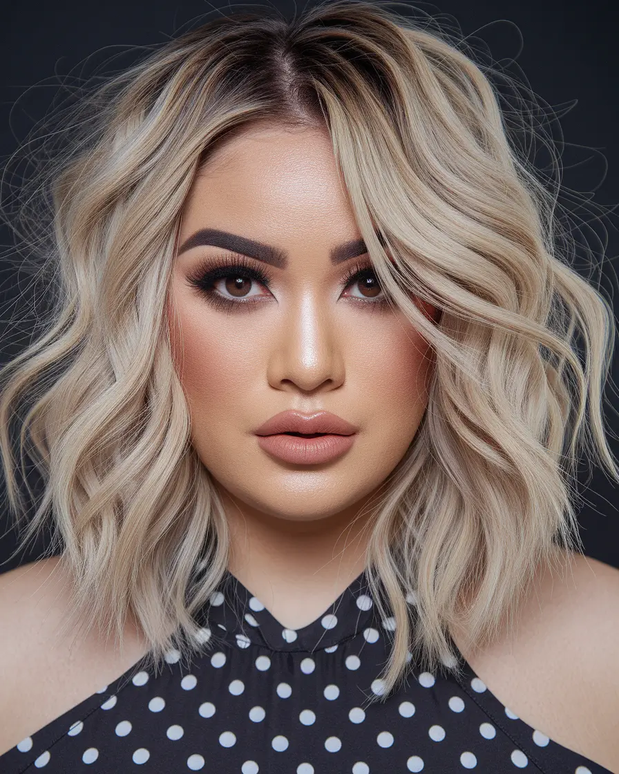 summer haircuts for chubby faces Textured Platinum Waves with Center Part