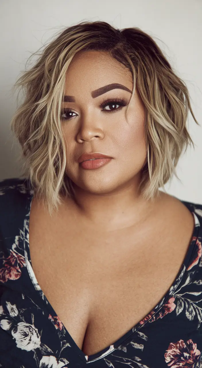 summer haircuts for chubby faces Layered Bob with Sandy Blonde Balayage