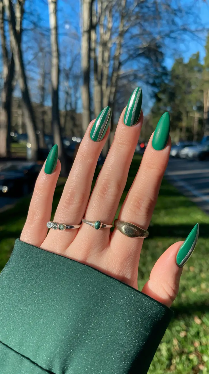 Fresh Nail Ideas to Try This May 2025 Emerald Green with Minimalist Striping