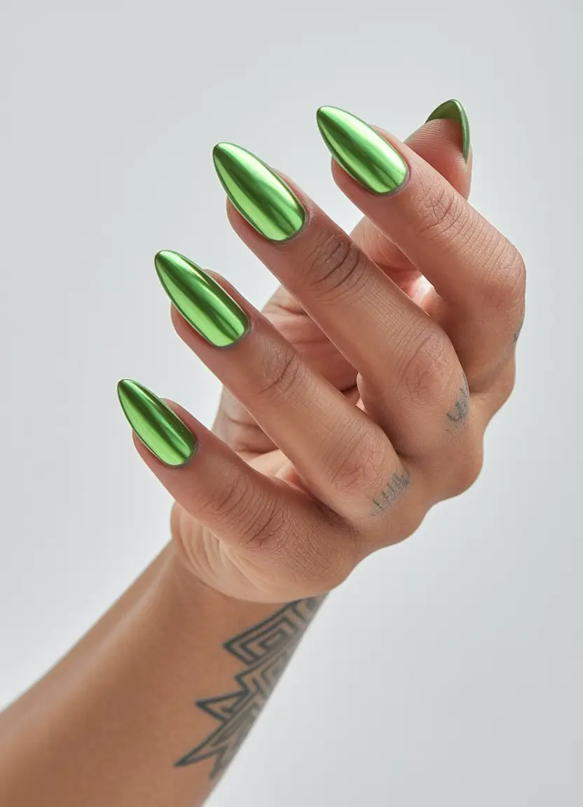 Fresh Nail Ideas to Try This May 2025 Electric Chrome Green for the Daring