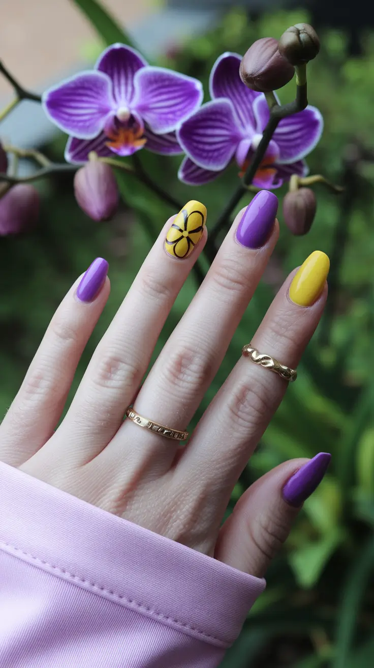 Fresh Nail Ideas to Try This May 2025 Orchid and Yellow with a Graphic Bloom