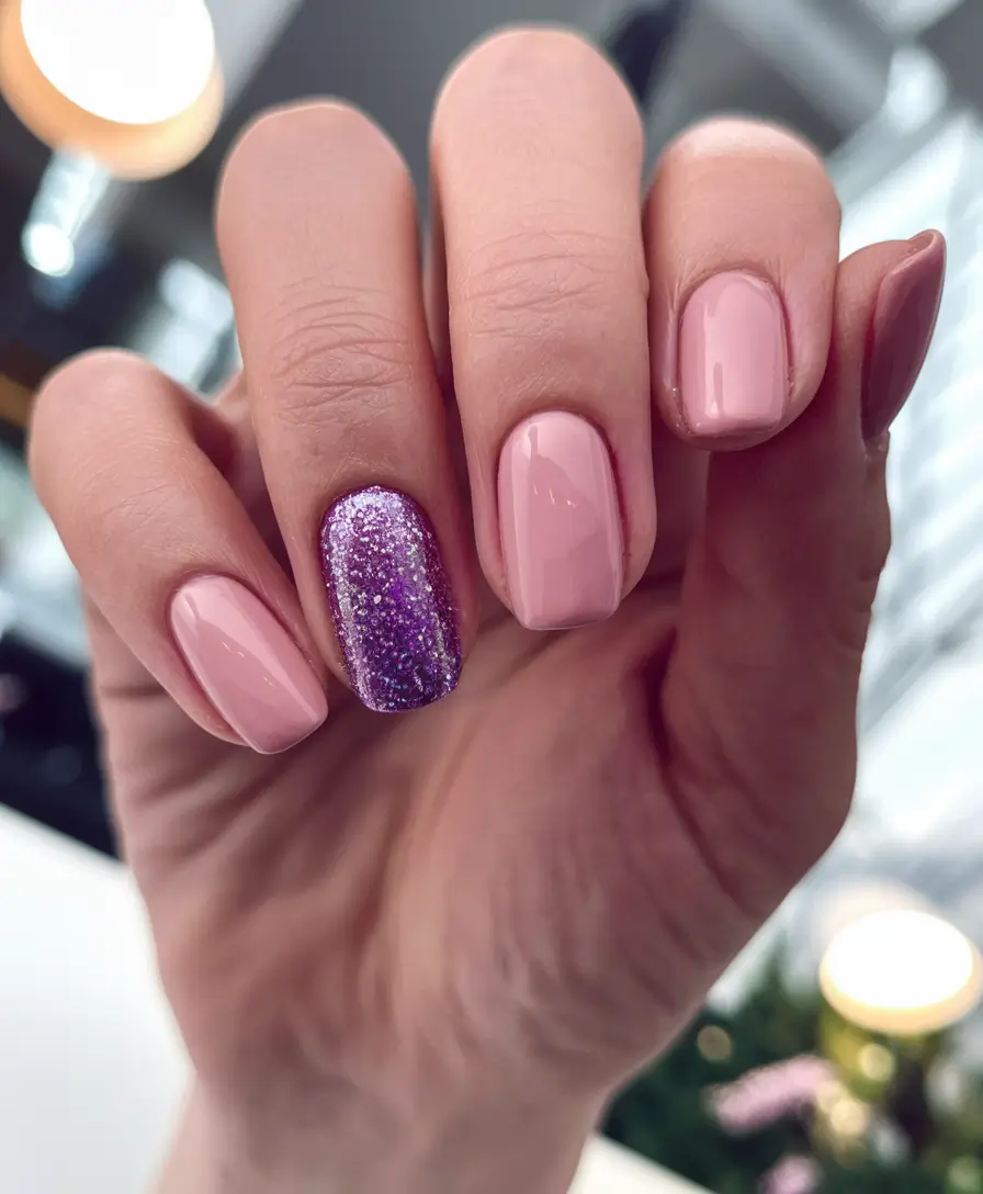 Fresh Nail Ideas to Try This May 2025 Blush Pink with a Lavender Glitter Accent
