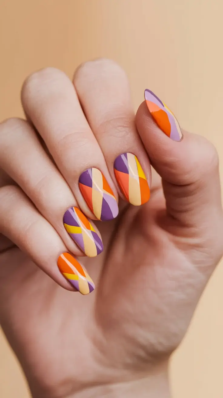 Fresh Nail Ideas to Try This May 2025 Retro Diagonals in Citrus and Plum
