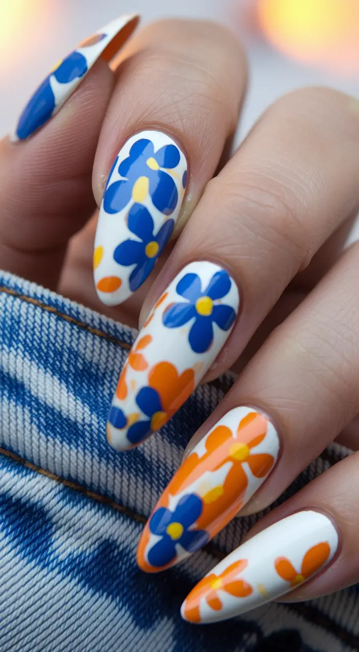 Fresh Nail Ideas to Try This May 2025 White Floral Pop with Cobalt and Tangerine