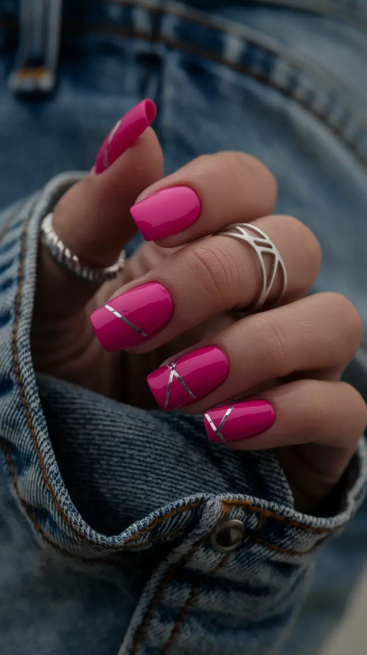 Fresh Nail Ideas to Try This May 2025 Hot Pink With Chrome Accent Geometry