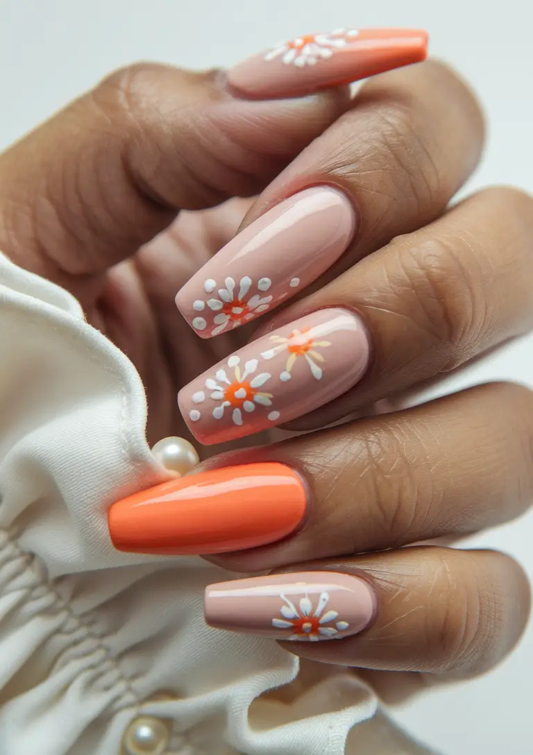 Fresh Nail Ideas to Try This May 2025 Peachy Nude With Daisies and a Citrus Twist