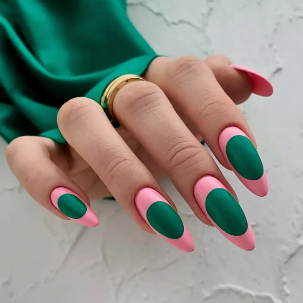 Fresh Nail Ideas to Try This May 2025 Pink + Green Optical Illusion Ovals