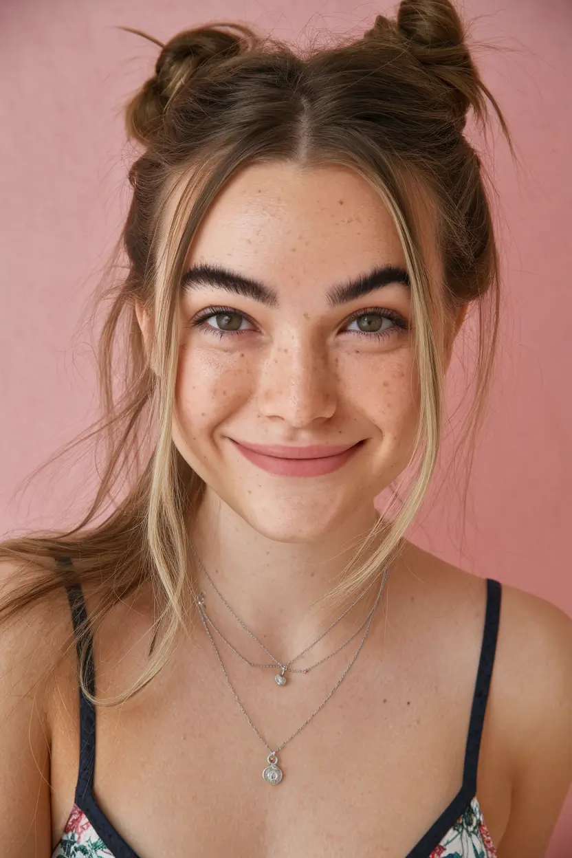 Fresh Summer Hairstyles for Teen Girls 2025 Space Buns with Face-Framing Strands