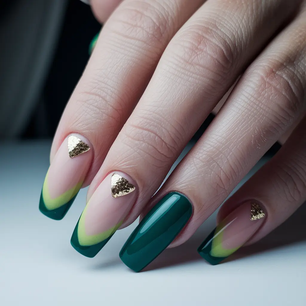 fun nail art ideas green tips and gold geometry