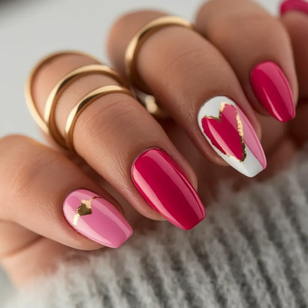 fun nail art ideas pink hearts and gold love