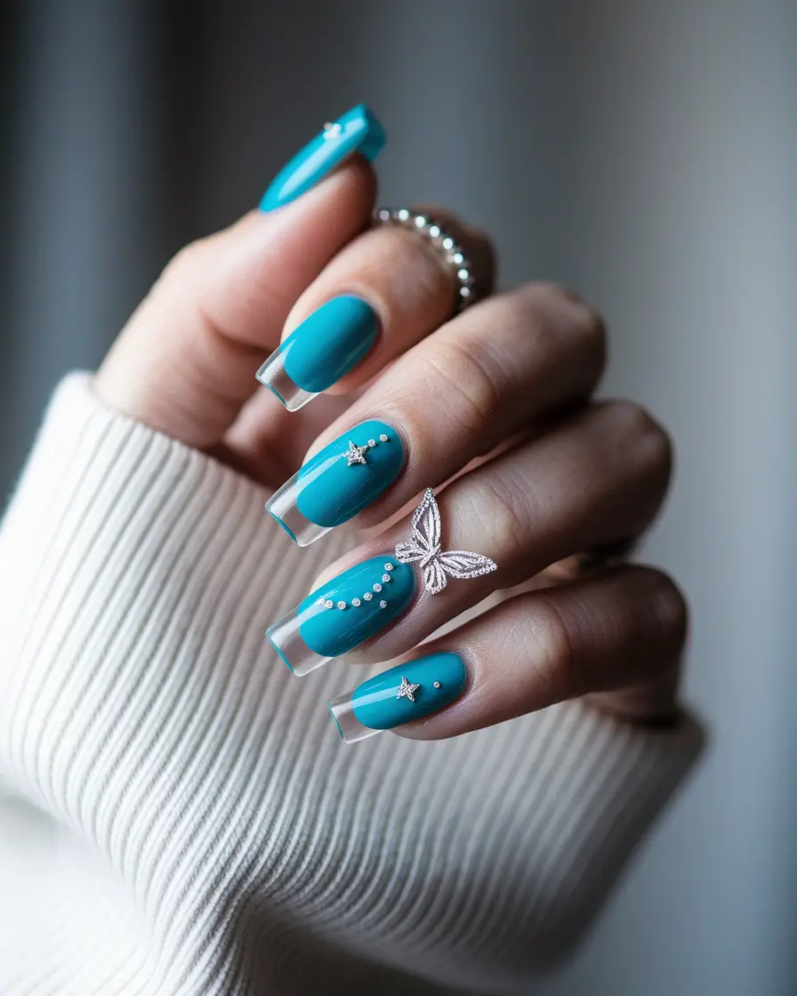 fun nail art ideas clear edged teal with sparkle