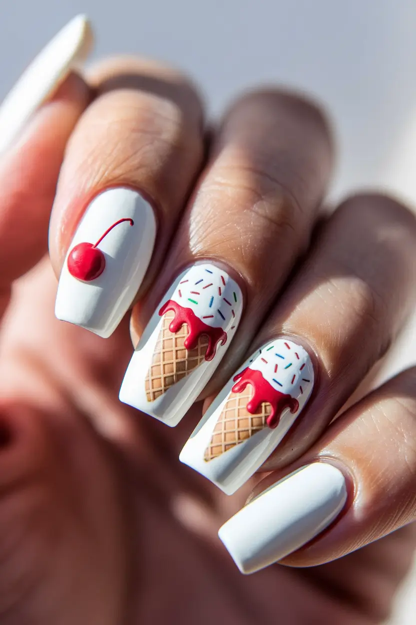Glossy Gel Nails for Summer 2025 Ice Cream Social Vibes with 3D Charm