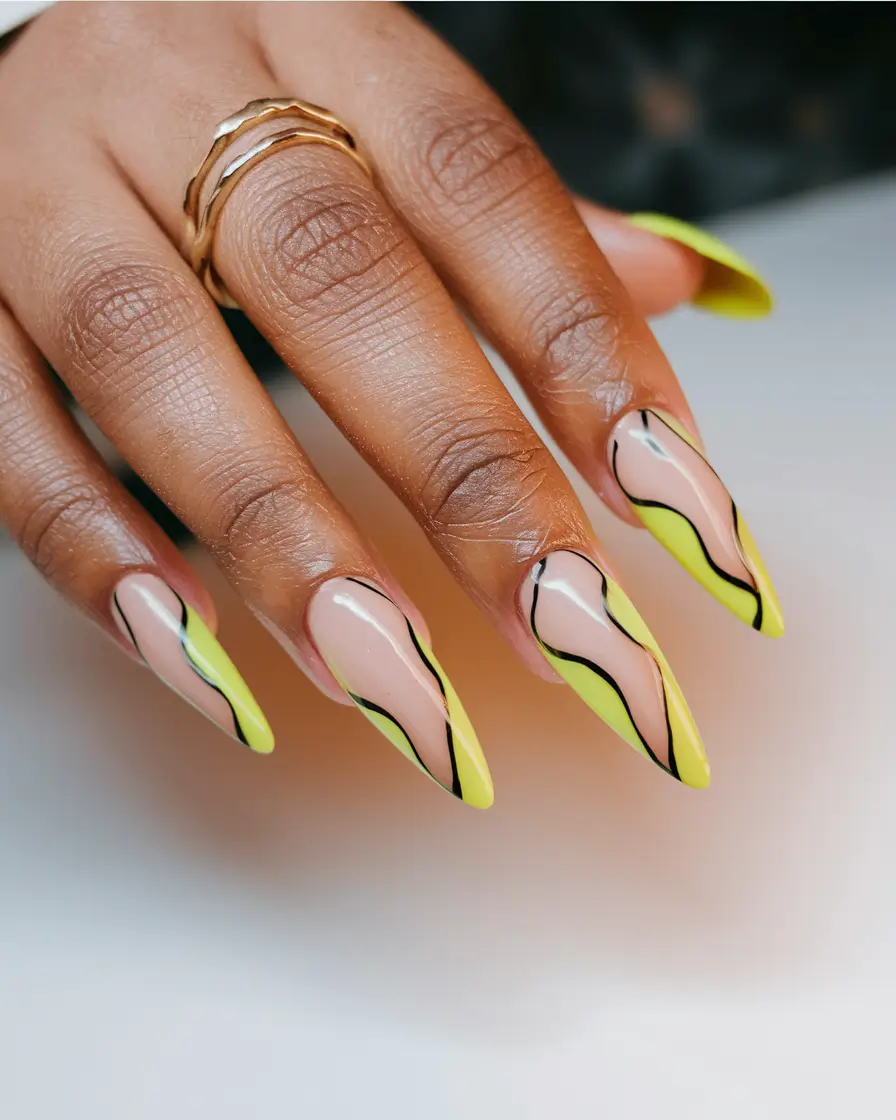 Glossy Gel Nails for Summer 2025 Acid Yellow Waves