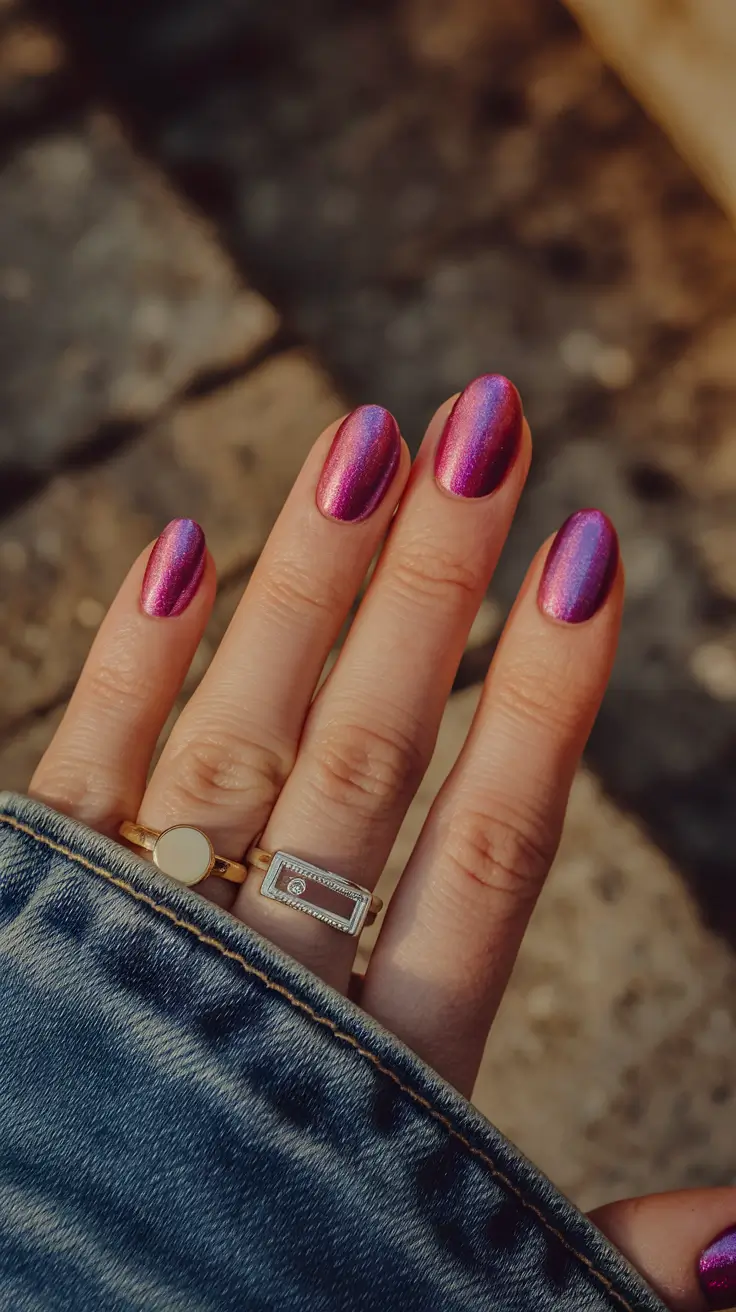 Glossy Gel Nails for Summer 2025 Galactic Berry Chrome