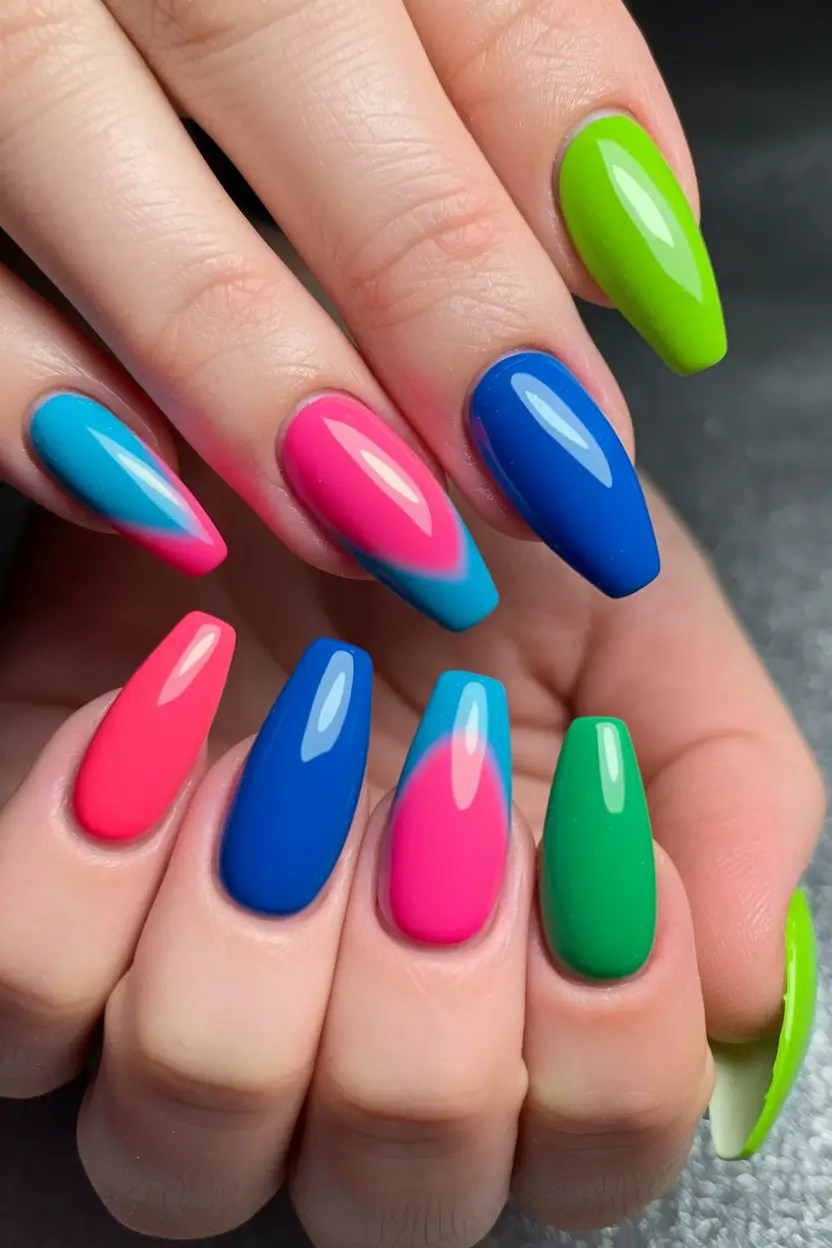 Glossy Gel Nails for Summer 2025 Color Pop Block Party