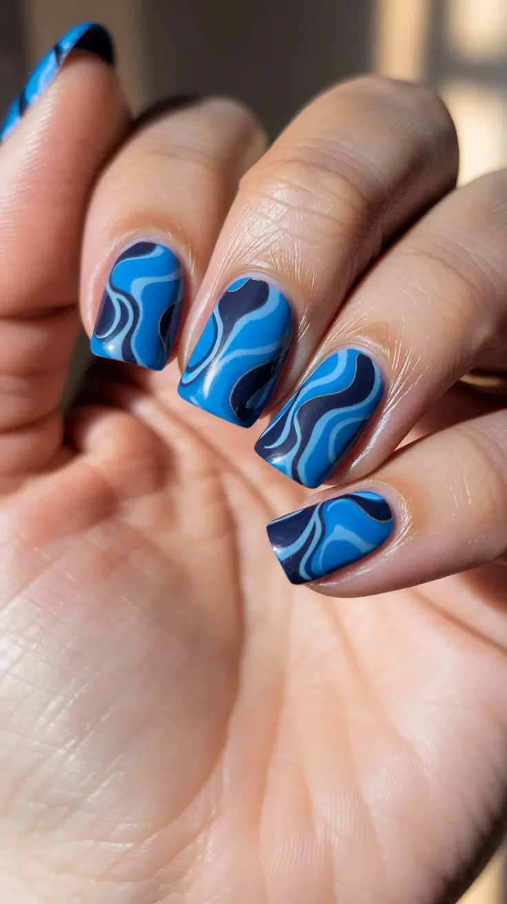 Glossy Gel Nails for Summer 2025 Indigo Wave Illusion