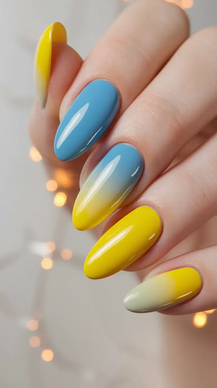 Glossy Gel Nails for Summer 2025 Dip-Dyed Sky and Sunshine