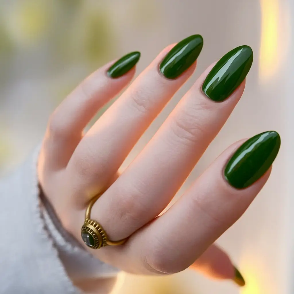 Glossy Gel Nails for Summer 2025 Glossy Forest Green Minimalism