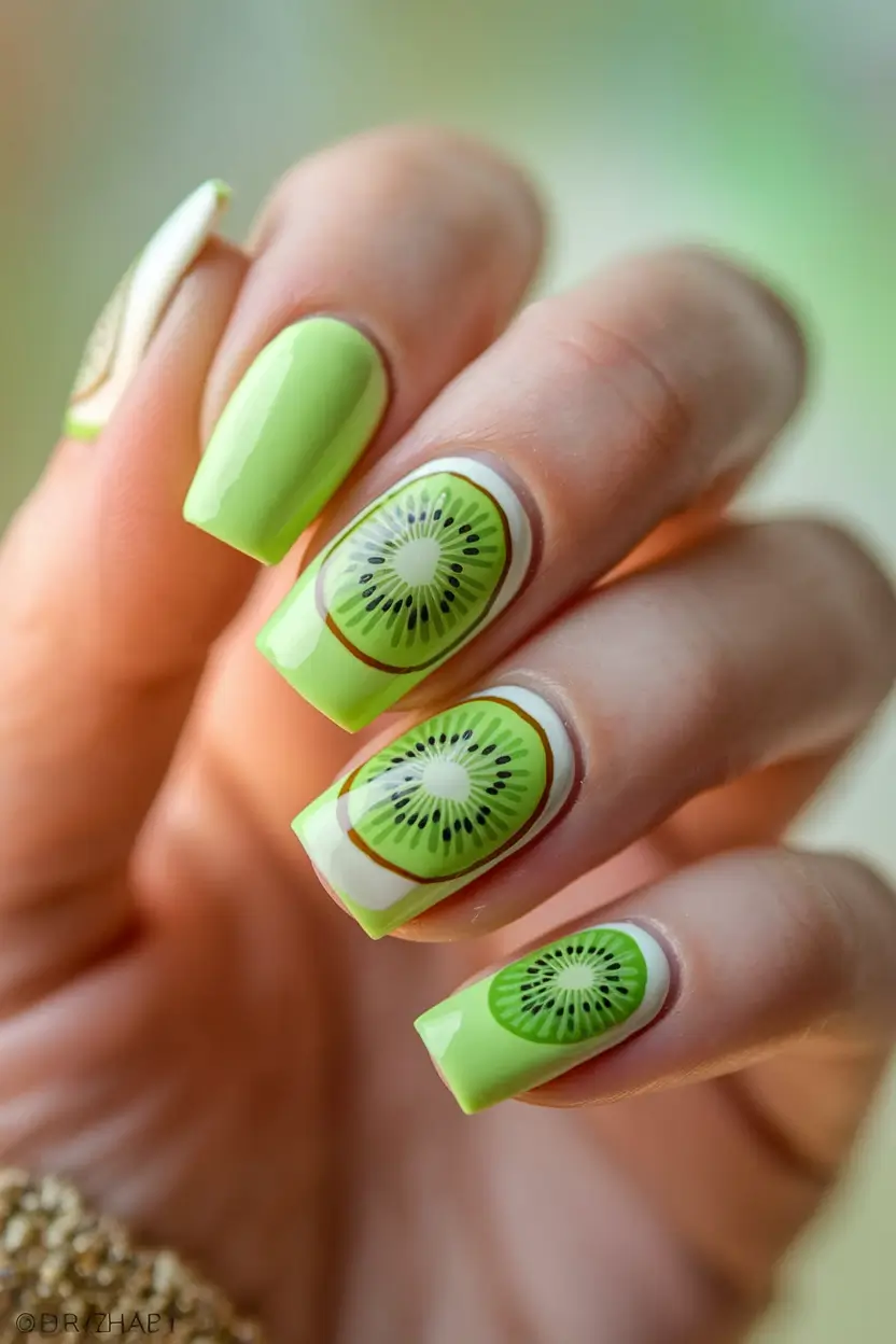 Glossy Gel Nails for Summer 2025 Kiwi Fruit Fun