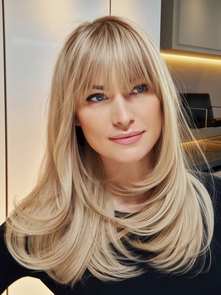 Layered Butterfly Haircuts - Summer 2025 Hairstyle Trends Soft Blonde Butterfly Layers with Blunt Bangs