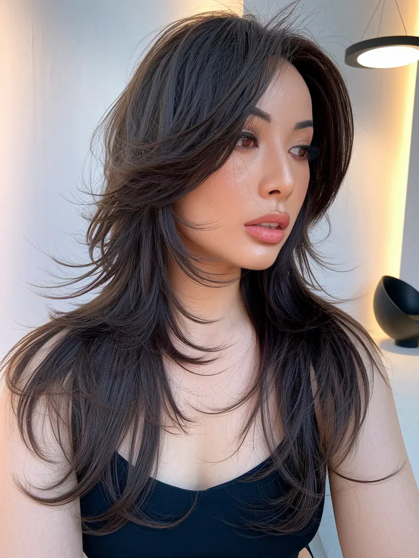 Layered Butterfly Haircuts - Summer 2025 Hairstyle Trends Feathered Charcoal Layers with Airy Ends