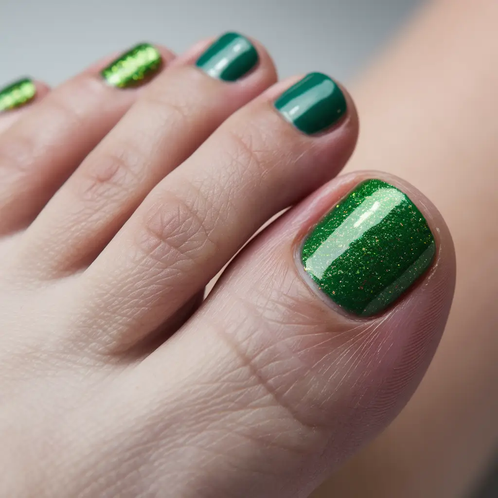may toe nails ideas 2025 Fresh Emerald Sparkle for a Playful Kick