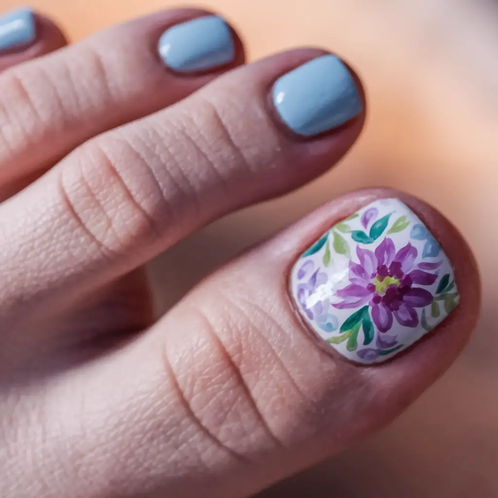 may toe nails ideas 2025 Hand-Painted Florals on a Cool Pastel Canvas