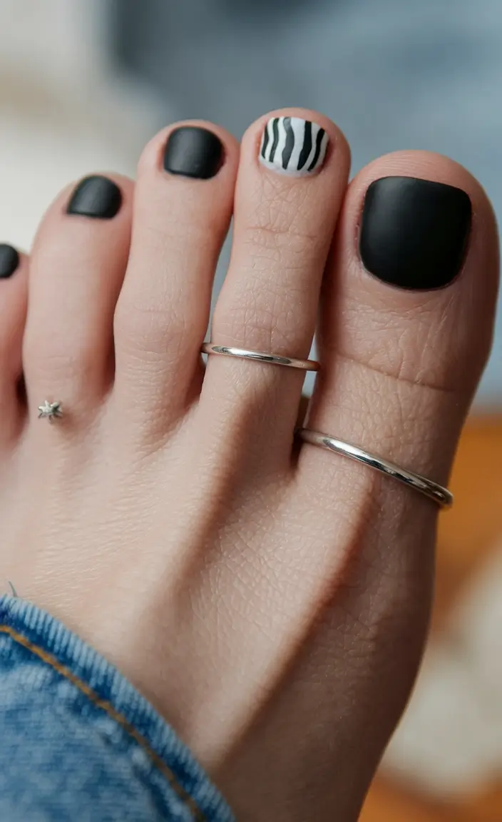 may toe nails ideas 2025 Matte Noir with a Monochrome Pop