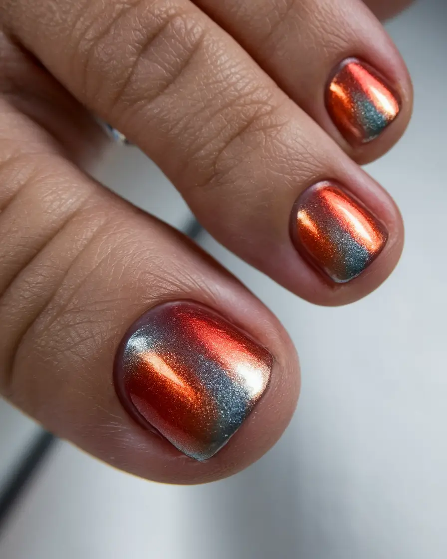 may toe nails ideas 2025 Metallic Red Meets Denim Chrome