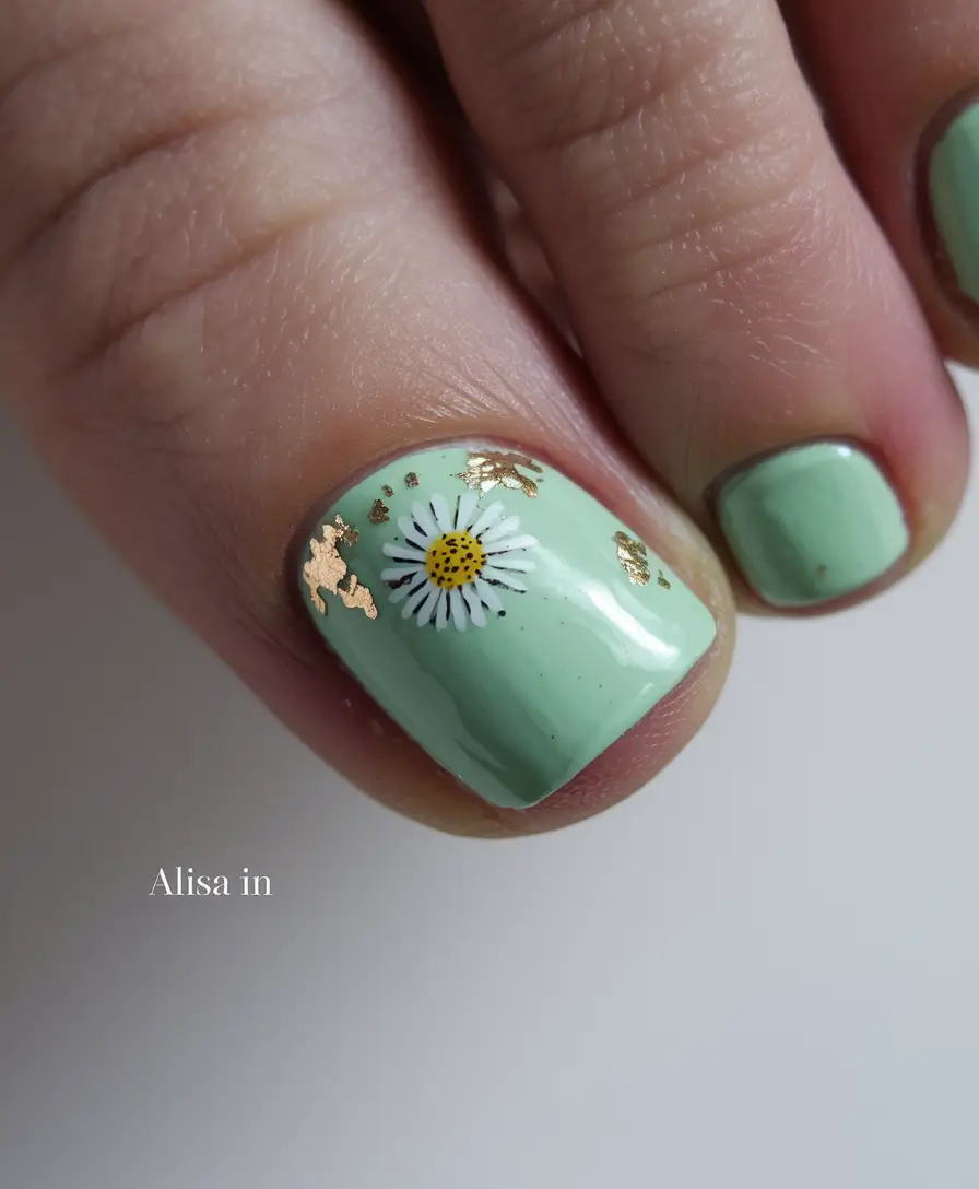 may toe nails ideas 2025 Minty Daisy with Gold Foil Accents